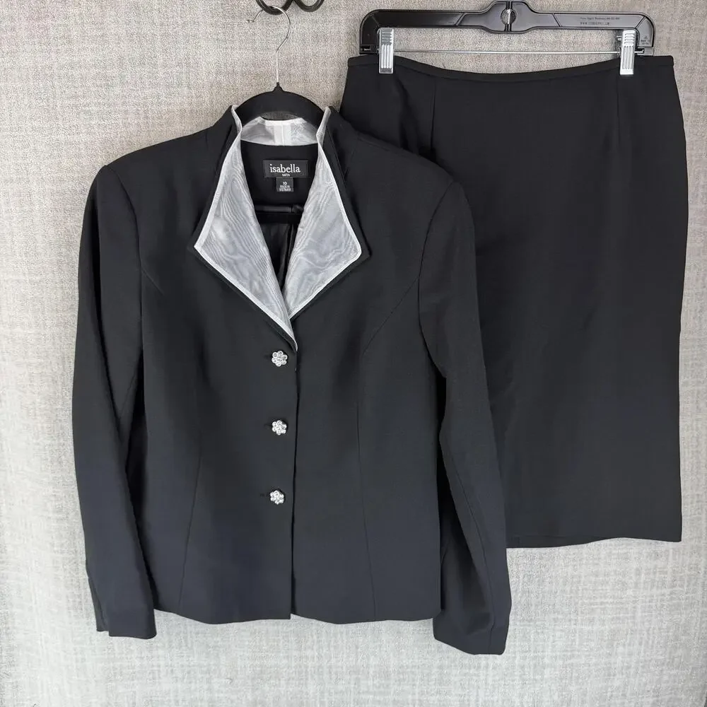 Isabella Suits Skirt Suit Womens 10 Black 2 Piece Lined Crepe Slim Tailored